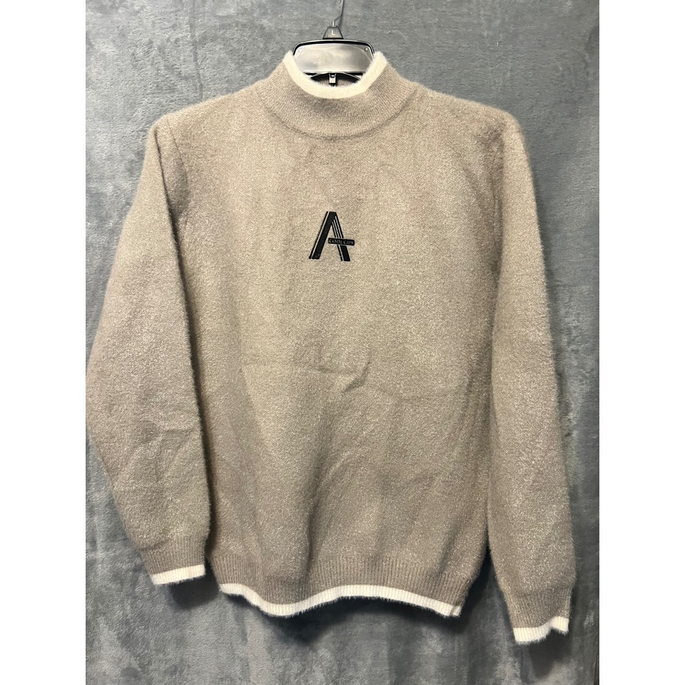 Coolguy Beige Fuzzy Mock Neck Pullover Sweater Contrast Trim Graphic Mens M